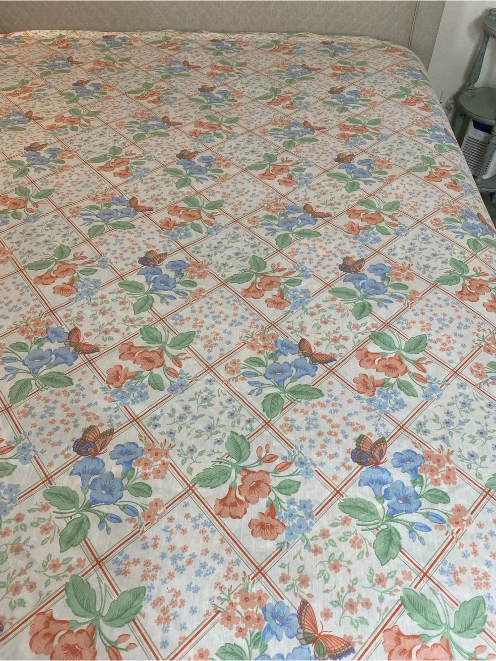 Floral Patchwork Cotton Sheet Set in Blue & Peach by Vintage 1970s